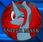  anthro blue_background blue_body digital_media_(artwork) female grey_hair hair hasbro my_little_pony red_background red_eyes red_hair simple_background sniper_mask solo 