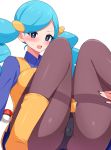  1girl ace_trainer_(pokemon) aikometsu blue_eyes blue_hair blush highres open_mouth pantyhose pokemon simple_background solo twintails white_background 