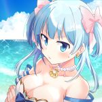  1girl blue_eyes blue_hair blush breasts cleavage highres jewelry large_breasts long_hair looking_at_viewer magia_record:_mahou_shoujo_madoka_magica_gaiden mahou_shoujo_madoka_magica minami_rena momo_tomato necklace ocean parted_lips solo sweatdrop swimsuit two_side_up upper_body 
