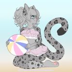  anthro ball bangs beach_ball black_spots blue_eyes butt clothing curled_hair felid feline female fingers fur grey_body grey_fur grey_spots hair hi_res katibara lily_(sakuradlyall) long_tail mammal pantherine pawpads pink_clothing pink_nose pink_pawpads pink_swimwear snow_leopard solo spots swimwear 