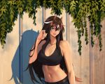 1girl animal_ears arknights bad_anatomy bangs bare_arms bare_shoulders black_hair breasts cleavage commentary_request crop_top green_eyes hair_between_eyes hand_up highres long_hair looking_at_viewer medium_breasts meteor_(arknights) midriff navel open_mouth shadow shijie_jianfa solo sports_bra stomach upper_body very_long_hair 