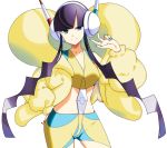  1girl bangs bare_shoulders black_hair blue_eyes blue_nails blunt_bangs closed_mouth coat collarbone commentary cowboy_shot eyebrows_visible_through_hair fur_coat gym_leader hand_on_hip hand_up headphones kamitsure_(pokemon) looking_at_viewer nail_polish pokemon pokemon_(game) pokemon_bw2 short_hair_with_long_locks simple_background smile solo w white_background yellow_coat yuihiko 