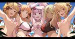  6+girls :d andira_(granblue_fantasy) anila_(granblue_fantasy) animal_ears arm_up armpits bangs bikini black_bikini blonde_hair blunt_bangs breasts brown_eyes censored closed_mouth commentary_request dark_skin draph elbow_gloves erune eyebrows_visible_through_hair gloves granblue_fantasy harvin heart heart_censor hinami_(hinatamizu) horns joy_(granblue_fantasy) kuvira_(granblue_fantasy) large_breasts letterboxed long_hair looking_at_viewer mahira_(granblue_fantasy) medium_breasts monkey_ears monkey_tail mouse_ears multiple_girls navel nude one_eye_closed open_mouth red_eyes sheep_horns smile striped striped_bikini swimsuit tail thick_eyebrows vajra_(granblue_fantasy) vikala_(granblue_fantasy) white_bikini white_gloves yellow_eyes 