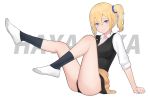  1girl ass bangs black_legwear black_panties blonde_hair blue_eyes blush breasts character_name collared_shirt commentary_request hair_between_eyes hair_ornament hair_scrunchie hayasaka_ai highres kaguya-sama_wa_kokurasetai_~tensai-tachi_no_renai_zunousen~ large_breasts liangfen long_sleeves looking_at_viewer medium_hair panties revision school_uniform scrunchie shirt shoes shuuchiin_academy_uniform side_ponytail sidelocks simple_background socks solo thighs underwear uwabaki white_background white_shirt 