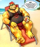  3_toes 4_fingers anthro beach beard bell beverage big_bulge bodily_fluids body_hair bowser bracelet bulge chair chest_hair claws clothing collar dialogue english_text eyebrows eyewear facial_hair feet fingers furniture glass hair hairy hyenaface jewelry koopa male mario_bros musclegut muscular muscular_anthro muscular_male nintendo overweight overweight_anthro overweight_male palm_tree reclining red_hair reptile sand scalie sea seaside shell-less soles solo speech_bubble spiked_bracelet spiked_collar spikes sunglasses sweat text thick_eyebrows toes tree underwear video_games water yellow_body 