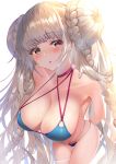  1girl :o ahoge alternate_costume azur_lane bangs bikini blue_bikini blush braid braided_bun breasts choker cleavage double_bun eyebrows_visible_through_hair formidable_(azur_lane) formidable_(the_lady_of_the_beach)_(azur_lane) highres large_breasts long_hair looking_at_viewer red_eyes sidelocks single_thighhigh solo swimsuit thighhighs very_long_hair yk_(pixiv43531291) 