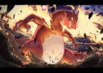  breathing_fire charizard claws commentary_request dirt fiery_wings fire gen_1_pokemon gigantamax gigantamax_charizard grass highres horns kuroi_susumu legs_apart open_mouth pokemon pokemon_(creature) sharp_teeth stadium standing teeth 