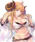  1girl anila_(granblue_fantasy) bangs bare_shoulders bikini blonde_hair blunt_bangs blush breasts cleavage collarbone commentary_request draph eyebrows_visible_through_hair granblue_fantasy horns large_breasts long_hair looking_at_viewer midriff min-naraken navel open_mouth simple_background solo stomach swimsuit teeth upper_body white_background 