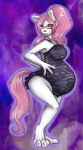  anthro barefoot bellecandie big_breasts breasts clothing colored_nails digitigrade eyeshadow eyewear female glasses hair haradoshin horse_rabbit hybrid lace lipstick looking_at_viewer makeup nails nipples pink_hair pregnant solo translucent translucent_clothing 