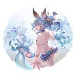  1girl alpha_transparency animal_ears ass bangs bikini_skirt blue_flower blue_hair blue_ribbon blue_skirt brown_eyes bunny_ears erune ferry_(granblue_fantasy) flower ghost granblue_fantasy hair_between_eyes hair_flower hair_ornament hair_ribbon innertube jewelry long_hair looking_at_viewer looking_back minaba_hideo official_art outstretched_hand ponytail purple_flower ribbon single_earring skirt solo swimsuit transparent_background wavy_hair 