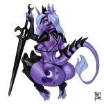  anthro anthrofied armor big_butt breasts butt clothing equid equine female friendship_is_magic holding_object holding_weapon horn looking_back mammal melee_weapon my_little_pony princess_luna_(mlp) reptilian_orbit simple_background solo sword thong underwear unicorn weapon white_background 
