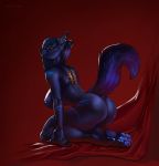  anthro big_breasts big_butt blue_body blue_fur breasts butt canid canine canis ear_piercing ear_ring fur hi_res kneeling legband looking_at_viewer mammal nipple_piercing nipples nude piercing qrichy raised_tail red_background simple_background thighband wolf 