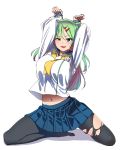  1girl absurdres blue_eyes breasts eyebrows_visible_through_hair green_hair highres large_breasts long_hair long_sleeves looking_at_viewer navel open_mouth original pantyhose shinomu_(cinomoon) simple_background skirt solo teeth tongue white_background 