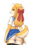  2020 anthro blue_eyes bottomwear butt canid canine clothing female fur genitals hi_res kemono looking_at_viewer looking_back mammal no_underwear pussy rear_view shirt simple_background skirt smile solo standing topwear white_background wolflong yellow_body yellow_fur 