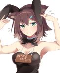  1girl :3 animal_ears armpits black_neckwear bow bowtie breasts brown_hair bunny_ears bunnysuit cat_ears commentary_request detached_collar fake_animal_ears fish_hair_ornament fumino_tamaki green_eyes hair_ornament highres large_breasts looking_at_viewer nijisanji ramu_(taka1995) short_hair simple_background solo translation_request upper_body virtual_youtuber white_background 