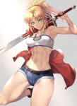  1girl abs arm_up armpits ass_visible_through_thighs bandeau bangs bare_arms bare_shoulders belt black_footwear blonde_hair boots breasts clarent cleavage cleavage_cutout collarbone commentary cowboy_shot cutoffs fate/apocrypha fate_(series) green_eyes grey_background grin hair_ornament hair_scrunchie head_tilt highres holding holding_sword holding_weapon jewelry long_hair looking_at_viewer medium_breasts micro_shorts midriff mordred_(fate) mordred_(fate)_(all) nasaniliu navel necklace over_shoulder parted_lips ponytail red_scrunchie revision scrunchie shorts sidelocks smile solo spaghetti_strap stomach sword thighs toned weapon weapon_over_shoulder 