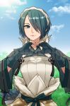  1girl arrow_(projectile) blue_eyes blue_hair cloud commission day drawingddoom eyebrows_visible_through_hair fire_emblem fire_emblem_fates gloves hair_over_one_eye hairband heart highres outdoors parted_lips setsuna_(fire_emblem) short_hair sky smile solo upper_body 