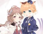  2girls :d animal_ears arknights bangs blonde_hair brown_hair cat_ears cat_girl cat_tail earmuffs earmuffs_around_neck eyjafjalla_(arknights) fang gas_mask green_eyes hat horns long_hair looking_at_viewer mini_hat mousse_(arknights) multicolored_hair multiple_girls multiple_tails open_mouth red_eyes school_uniform sheep_ears sheep_girl sheep_horns short_hair smile tail toufu_mentaru_zabuton two-tone_hair two_tails upper_body white_hair 