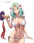  1girl aqua_hair artist_name ass_visible_through_thighs bare_arms bare_shoulders bikini black_ribbon breasts cleavage collarbone cowboy_shot dakkalot fire_emblem fire_emblem:_three_houses fire_emblem_heroes flower forehead_protector green_eyes groin hair_flower hair_ornament head_tilt hibiscus holding large_breasts looking_at_viewer lowleg lowleg_bikini navel pink_lips rhea_(fire_emblem) ribbon side-tie_bikini simple_background smile solo stomach swimsuit tassel thigh_gap toned white_background white_bikini white_flower 