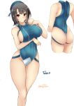  1girl adapted_costume ass beret black_hair blue_headwear blue_swimsuit breasts character_name cowboy_shot hat highres kantai_collection kuga_zankurou large_breasts multiple_views one-piece_thong red_eyes short_hair simple_background swimsuit takao_(kantai_collection) thigh_gap turtleneck twitter_username white_background 