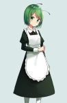  1girl alternate_costume antennae apron black_dress commentary dress enmaided green_eyes green_hair highres juliet_sleeves katsuobushi_(eba_games) long_sleeves looking_at_viewer maid puffy_sleeves short_hair simple_background solo touhou wriggle_nightbug 