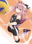  1boy astolfo_(fate) braid elbow_pads fate/apocrypha fate/grand_order fate_(series) gym_shirt gym_shorts gym_uniform hair_intakes highres jumping knee_pads long_braid long_hair mizuumi_(bb) multicolored_hair otoko_no_ko pink_hair purple_eyes shirt shorts single_braid sport sportswear streaked_hair volleyball volleyball_uniform white_hair 