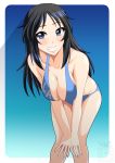  1girl bent_over bikini black_hair blue_background blue_bikini blue_eyes blush border breasts cleavage collarbone eyebrows_visible_through_hair freckles girls_und_panzer gradient gradient_background grin highres large_breasts looking_at_viewer ootori_masatsuna parted_lips shiny shiny_hair shiny_skin simple_background smile solo standing swimsuit swimwear white_border yamagou_ayumi 