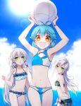  3girls :d ahoge alternate_costume altina_orion aqua_bikini aqua_hair arm_behind_back armpits arms_up asymmetrical_bangs ball bandeau bangs bead_bracelet beads bikini bikini_bottom blue_sky blush bracelet breasts carrying_overhead cleavage closed_mouth cloud cloudy_sky commentary cowboy_shot eiyuu_densetsu eyebrows_visible_through_hair fie_claussell frilled_bikini frills green_bikini green_eyes groin hair_between_eyes hair_ornament highres holding holding_ball jewelry lens_flare long_hair looking_at_viewer midriff millium_orion multiple_girls navel ocean open_mouth orange_eyes outdoors parted_bangs polka_dot polka_dot_bikini sano_(merrymerry) sarong sen_no_kiseki short_hair sidelocks silver_hair sky small_breasts smile straight_hair strapless sun swimsuit symbol_commentary tubetop volleyball white_bikini x_hair_ornament 