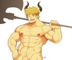  1boy absurdres bangs bara blonde_hair blush chest clayten draph granblue_fantasy green_eyes highres horns looking_at_viewer male_focus muscle nude penis_peek smile solo toned toned_male vane_(granblue_fantasy) veins 