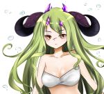  1girl arknights bandeau bangs bare_arms bare_shoulders breasts cleavage commentary_request estelle_(arknights) eyebrows_visible_through_hair facial_scar green_hair highres horns long_hair looking_at_viewer medium_breasts midriff nose_scar scar simple_background solo strapless tubetop upper_body white_background yellow_eyes youyuanye 