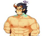  1boy abs absurdres bara beard blush bound bound_wrists chest clayten dark_blue_hair facial_hair fang highres horns male_focus muscle nipples pectorals rope scar solo takemaru_(tokyo_houkago_summoners) teeth thick_eyebrows tokyo_houkago_summoners upper_body 