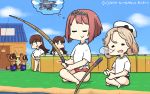  4girls ark_royal_(kantai_collection) bangs bikini bikini_bottom bikini_under_clothes blonde_hair blue_sky blunt_bangs bob_cut brown_eyes brown_hair closed_eyes cloud commentary_request crossover dated day doubutsu_no_mori dreaming dual_persona fence fishing_line fishing_rod hairband hamu_koutarou hands_on_hips hat highres holding holding_fishing_rod house indian_style janus_(kantai_collection) kantai_collection long_hair mamekichi_(doubutsu_no_mori) multiple_girls nose_bubble ooi_(kantai_collection) outdoors parted_bangs red_hair sailor_hat shirt short_hair sitting sky sleeping swimsuit swimsuit_under_clothes swordfish_(airplane) tanuki thought_bubble tiara tied_shirt tsubukichi_(doubutsu_no_mori) white_headwear white_shirt x_navel 