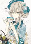  1girl akakura black_tea blonde_hair blue_eyes blue_kimono blue_nails commentary_request cup earrings floral_print flower hair_bun hair_flower hair_ornament hat highres holding holding_cup japanese_clothes jewelry kimono long_hair obi original sash shawl solo tea teacup upper_body 