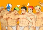  5boys absurdres black_hair blonde_hair bulge clayten dark_skin dark_skinned_male fundoshi green_eyes green_hair half_mask heterochromia highres horns japanese_clothes jiraiya_(tokyo_houkago_summoners) multicolored_hair multiple_boys pectoral_docking pectoral_grab pollux_(tokyo_houkago_summoners) red_hair shuten_douji_(tokyo_houkago_summoners) taurus_mask tokyo_houkago_summoners underwear underwear_only v white_hair yellow_eyes zabaniya_(tokyo_houkago_summoners) 