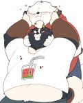  &lt;3 2020 absurd_res anthro belly black_body black_fur blush bottomwear brown_body brown_fur canid canine canis clothing domestic_dog duo fur hi_res hoodie kemono male mammal overweight overweight_male quanjiang shorts simple_background topwear white_background white_body white_fur 