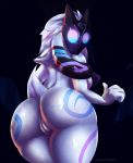  2020 absurd_res anthro big_butt bovid butt caprine digital_media_(artwork) domestic_sheep fecharis female fur genitals hi_res kindred_(lol) lamb_(lol) league_of_legends looking_back mammal mask nude panickingad pussy rear_view riot_games sheep simple_background solo spirit standing video_games white_body white_fur 