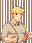  1boy absurdres bangs blonde_hair blush bow bowtie chest clayten formal granblue_fantasy green_eyes highres looking_at_viewer male_focus muscle no_eyewear shirt simple_background smile solo toned toned_male vane_(granblue_fantasy) 