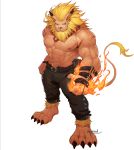  1boy abs animal_ears artist_name bara belt black_pants blonde_hair blue_eyes chest claws commentary_request digimon earrings facial_hair fire full_body fur furry jewelry lei_mengde lion_ears lion_mane lion_paw lion_tail long_hair looking_at_viewer male_focus muscle pants pectorals shirtless simple_background solo tail white_background 