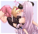  2girls bare_shoulders black_gloves blonde_hair blush braid breast_smother breasts djeeta_(granblue_fantasy) draph elbow_gloves gloves granblue_fantasy highres horns kneeling large_breasts lavender_hair long_hair lying multiple_girls narmaya_(granblue_fantasy) pointy_ears pout soruna_(nell) very_long_hair 