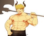 1boy absurdres bangs bara blonde_hair blush chest clayten draph granblue_fantasy green_eyes highres horns looking_at_viewer male_focus muscle pectorals shirtless smile solo toned toned_male vane_(granblue_fantasy) 