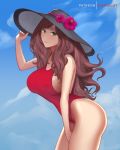  1girl artist_name bare_thighs blush breasts brown_hair closed_mouth dakkalot dorothea_arnault fire_emblem fire_emblem:_three_houses fire_emblem_heroes flower green_eyes hat hat_flower huge_breasts large_breasts lips long_hair looking_at_viewer looking_to_the_side nipples red_swimsuit sky smile solo sun_hat swimsuit thighs 