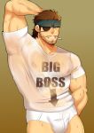  1boy absurdres alternate_costume bara beard big_boss brown_hair bulge chest cigarette clayten eyepatch facial_hair hand_on_head headband highres male_focus male_underwear metal_gear_(series) muscle mustache nipples pectorals see-through solid_snake solo sweat underwear wet wet_clothes 