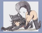  1girl andou_(girls_und_panzer) animal_ears black_hair black_legwear blue_background breasts brown_eyes character_request check_character claws elbow_gloves full_body fur girls_und_panzer gloves highres kemonomimi_mode looking_at_viewer medium_breasts medium_hair paw_gloves paws robinsonk9999 signature smile solo tail teeth thighhighs top-down_bottom-up two-tone_background white_background 