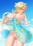  1girl ass_visible_through_thighs blonde_hair blue_dress breast_slip breasts censored crown day dress dress_pull flower green_eyes hair_flower hair_ornament hair_over_one_eye halter_dress hibiscus highres kawosu_shikou large_breasts long_hair looking_at_viewer mario_(series) mosaic_censoring nipples no_bra no_panties outdoors pussy rosalina sky solo super_mario_galaxy wind wind_lift 