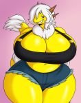  anthro big_breasts bottomwear breasts cleavage clothed clothing dragon gigardrawz hair hi_res huge_breasts sharp_teeth shorts teeth white_hair wide_hips yellow_body 