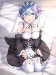  1girl blue_eyes blue_hair breasts cleavage commentary_request detached_sleeves eyebrows_visible_through_hair from_above garter_straps hair_ornament hair_over_one_eye hair_ribbon highres lap_pillow large_breasts looking_at_viewer maid maid_headdress morerin open_mouth pink_ribbon re:zero_kara_hajimeru_isekai_seikatsu rem_(re:zero) ribbon short_hair sitting smile solo thighhighs wariza white_legwear x_hair_ornament 