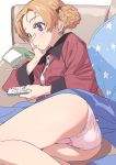  1girl absurdres bangs black_bow blue_eyes bow braid chips controller couch dorontabi eating food girls_und_panzer hair_bow highres loungewear lying on_side orange_hair orange_pekoe_(girls_und_panzer) panties parted_bangs pink_panties remote_control short_hair solo tied_hair underwear 