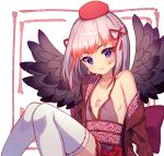  1girl black_wings blush chest_tattoo commentary flat_chest hair_ribbon hat highres indie_virtual_youtuber jugemu_(qqkyon) karakusa_(pattern) knees_together_feet_apart looking_at_viewer medium_hair obi off_shoulder purple_eyes red_hair red_ribbon ribbon ribbon-trimmed_legwear ribbon_trim sash seigaiha senba_kurono silver_hair sitting smile solo tattoo thighhighs tokin_hat virtual_youtuber white_background white_legwear wings 