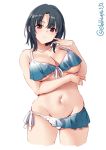  1girl bikini black_hair blue_bikini blush breasts collarbone cropped_legs ebifurya eyebrows_visible_through_hair front-tie_bikini front-tie_top groin highres kantai_collection large_breasts navel parted_lips red_eyes short_hair side-tie_bikini simple_background solo swimsuit takao_(kantai_collection) twitter_username white_background 