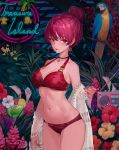  arm_at_side bikini bird blush breasts choker cleavage cup drinking_glass earrings ekao flower hair_bun heterochromia highres hololive houshou_marine jewelry looking_at_viewer midriff neon_lights off-shoulder_shirt off_shoulder radio red_eyes red_hair shirt sign standing swimsuit thighs yellow_eyes 